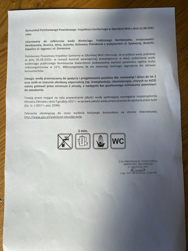 Komunikat Państwowego Inspektora Sanitarnego w Zduńskiej Woli z 11.08.2025